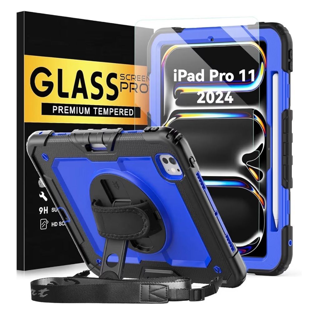 Blue Case for iPad Pro 11 Inch (2024) with Tempered Glass Screen Protector